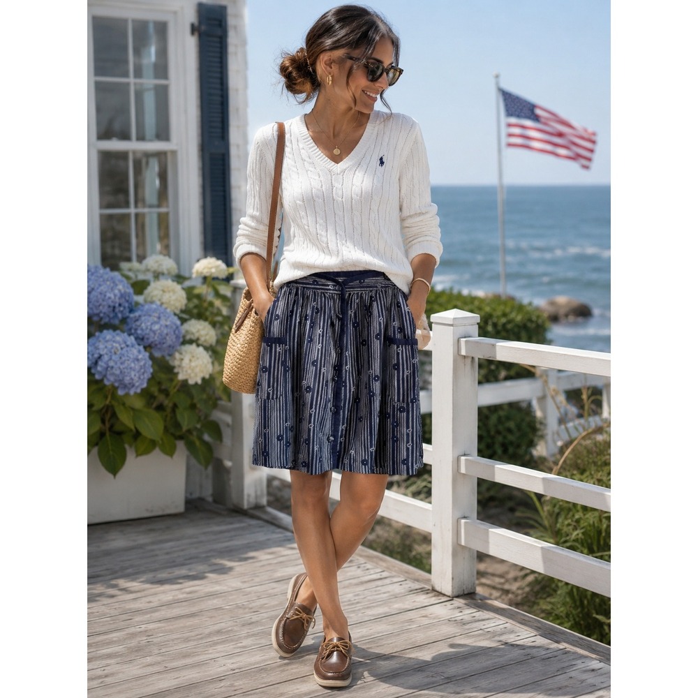 Coastal Cottagecore Nautical Navy Blue Striped Linen Blend Button Front Skirt 6